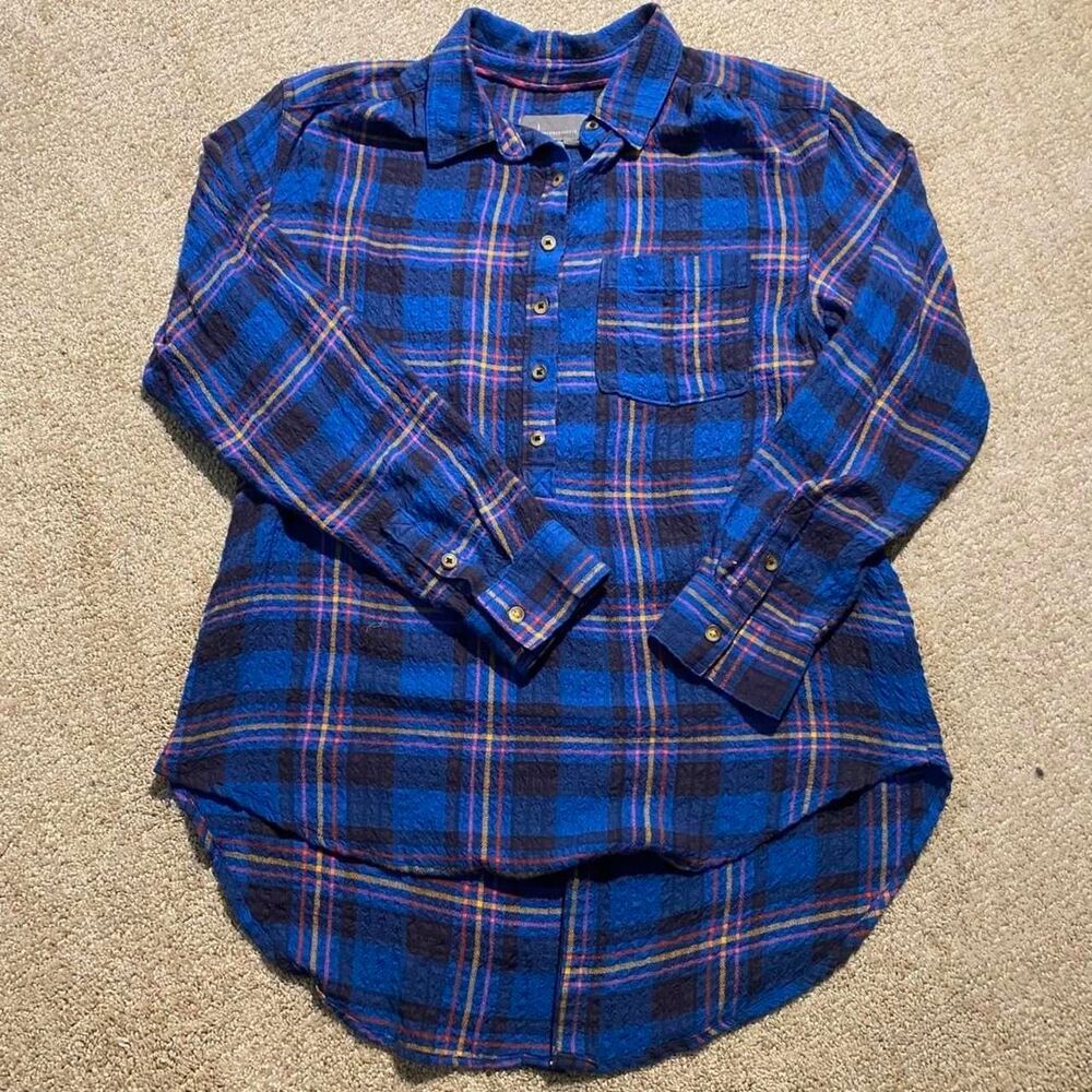 Anthropologie Blue Flannel Shirt Women’s Small Boho Button Front Top